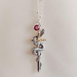 May include: A silver-toned pendant necklace featuring a sword design entwined by a detailed snake. A gold-toned cross is at the center, and a red gemstone hangs above. The necklace hangs on a delicate silver chain.