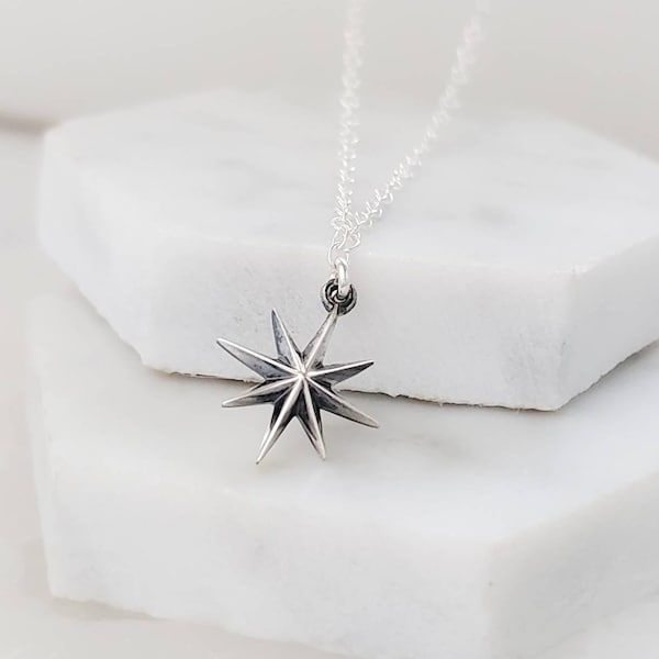 Starburst Necklace • Faceted Starburst Charm • Eight Pointed Star • North Star Necklace • Delicate Silver Necklace • Graduation Gift