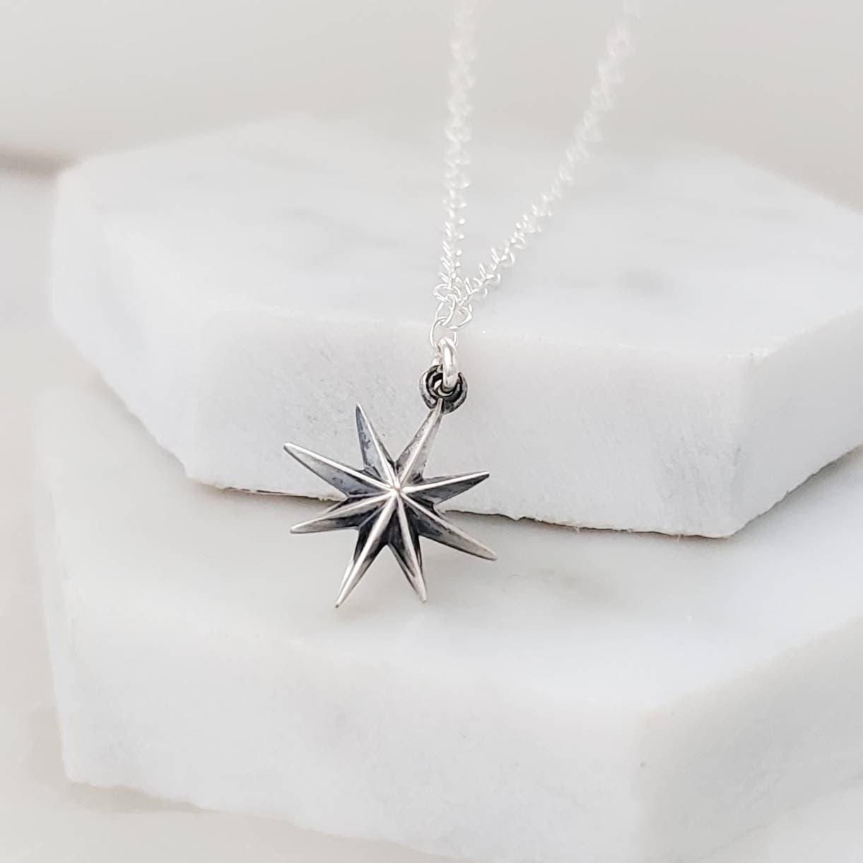 Starburst Necklace • Faceted Starburst Charm • Eight Pointed Star