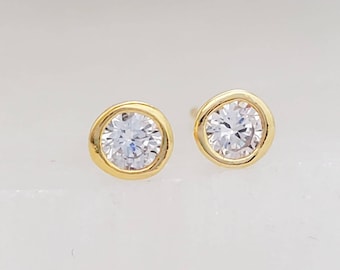 Bezel Set CZ Diamond Stud Earrings • Cubic Zirconia Studs • Dainty Yellow Gold Earring Studs • Delicate Sparkle Studs • Multiple Piercing