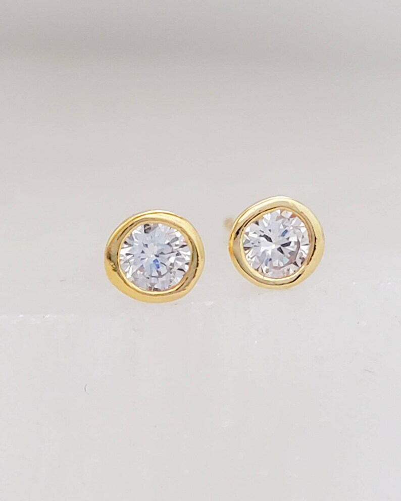 Bezel Set CZ Diamond Stud Earrings Cubic Zirconia Studs Etsy
