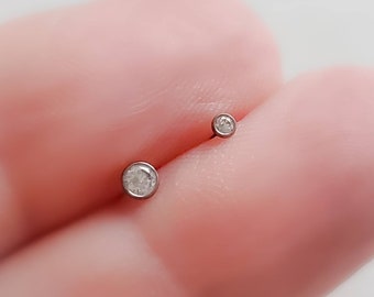 Implant Grade Titanium • Flatback Studs with CZ Bezel Set Ball Top • Threadless Push In • Labret • Cartilage • Monroe • Nose • 20g or 18g