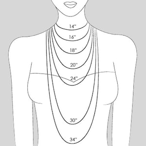 May include: A line drawing of a person's neck and shoulders with different necklace lengths marked in inches, from 14 inches to 34 inches.