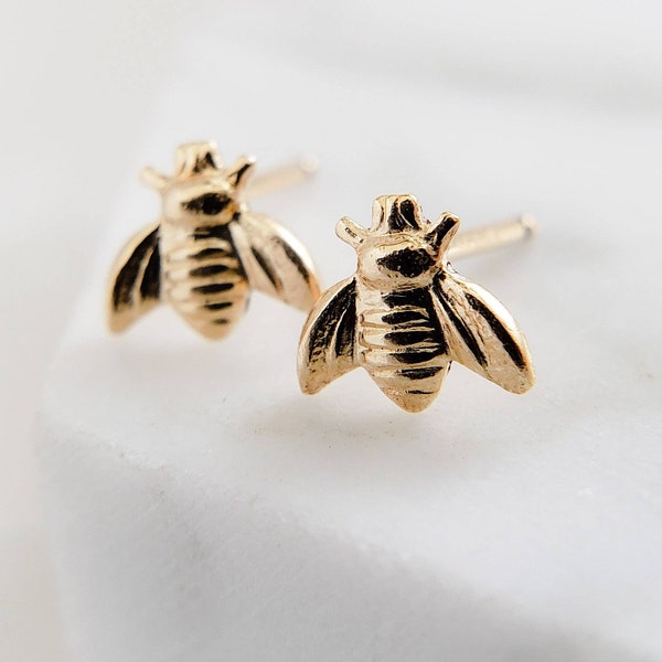 14k Gold Little Bee Studs • Dainty Bee Earrings • Bumble Bee Studs • 14 Karat Gold Bees • Little Bee Earring Studs • Delicate Bee Jewelry