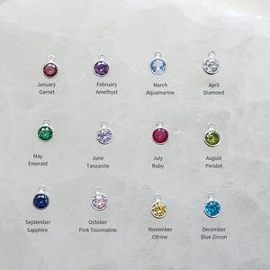 May include: A collection of twelve gemstone charms, each with a silver loop. The charms represent birthstones for each month, including Garnet, Amethyst, Aquamarine, Diamond, Emerald, Tanzanite, Ruby, Peridot, Sapphire, Pink Tourmaline, Citrine, and Blue Zircon.
