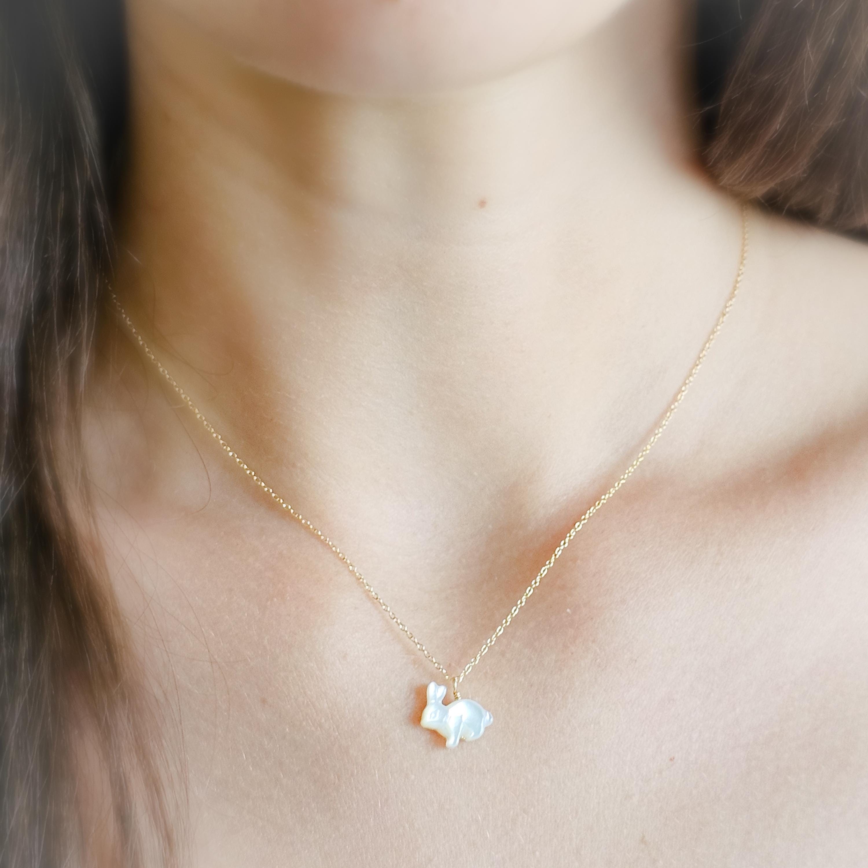 White Rabbit Necklace • Mother of Pearl Bunny Pendant • Good Luck
