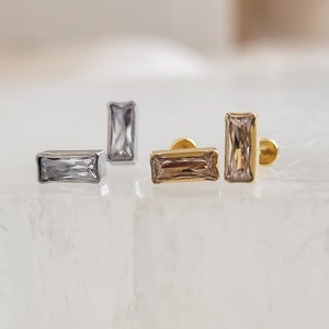 Modern Baguette Studs • Flat Back Comfort Fit • Clear CZ • Cartilage Earrings • Titanium • 20 or 18 Gauge • Minimalist • Nap Studs