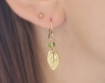 Leaf & Gemstone Drop Earrings • Choose Your Color • Custom Earrings • Boho Style • Nature Inspired • Mint Leaves • Dangle Earrings