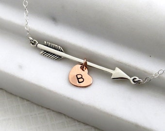 Arrow Necklace • Heart with Initial • Arrow Charm • Arrow Jewelry • Personalized Necklace • Hand Stamped • Layering Necklace
