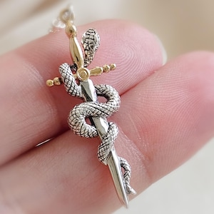 May include: A silver and gold pendant featuring a snake coiled around a dagger. The snake has a detailed scale pattern, and the dagger has a silver blade. The pendant has gold accents on the hilt and snake's head. The pendant is likely a piece of jewelry.