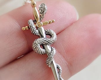 Snake and Dagger Necklace • Optional Birthstone • Gothic Layering Jewelry • Edgy Knife Charm • Serpent Sword Pendant • Custom Gift for Her