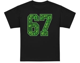 May include: Black t-shirt featuring a large green number "67" design. The number is filled with smaller "67" figures. The design is centered on the shirt, offering a bold, graphic look. The shirt is made of a soft material.