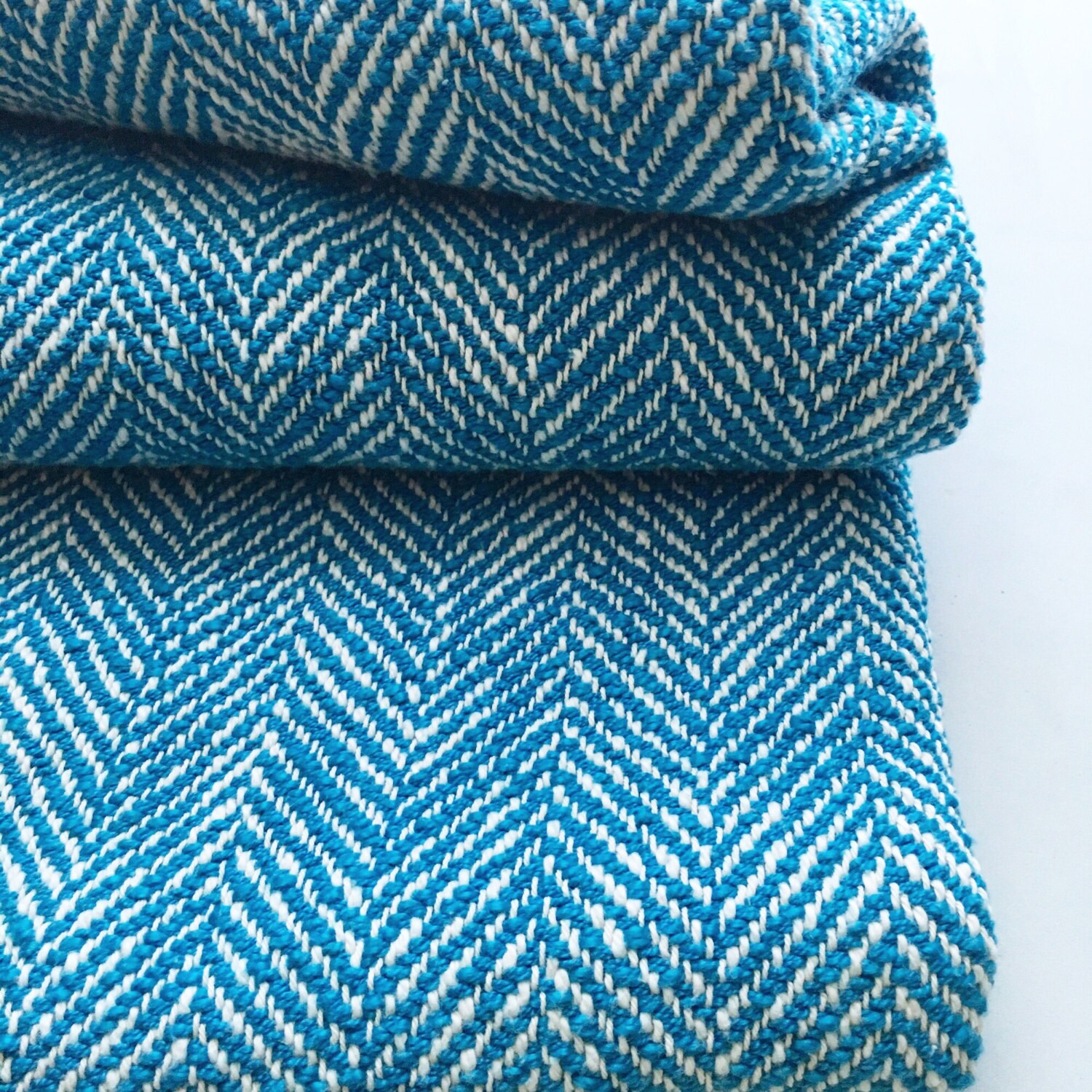 Turquoise Blue Woven Blanket Herringbone Throw | Etsy