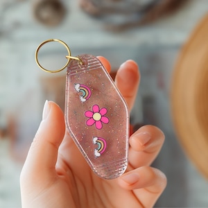 Flower & Rainbow Keychain, Motel Keychain, Motel Keychains, Vintage Keychain, Retro Keychains, Keychain Gift, Hotel Keychain
