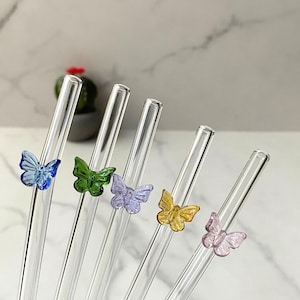 1 Blue Butterfly Glass Straw, Glass Drinking Straws, Thin Straws, Reusable Straws, Eco-Friendly Straws, Smoothie Straws