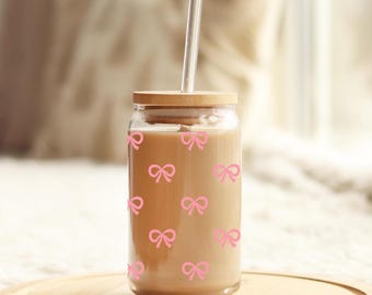 Pink Bow glass cup 16oz, Trendy Coquette Bow Glass, Iced coffee cup, Birthday gift for her, Cute Bow Glass, Pink Bow Cup, Pink ribbons