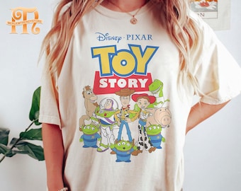 Retro Disney Pixar Toy Story Vintage grupo retrato logotipo confort colores camisa, Magic Kingdom viaje familia cumpleaños regalo adulto niño niño camiseta