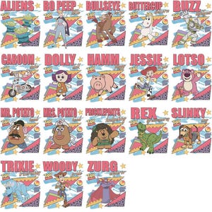 May include: A collection of colorful graphic designs featuring characters from the animated film "Toy Story." Each design includes a character's name in a pink font, set against a retro-style background with geometric shapes and stars. Characters include Aliens, Bo Peep, and Buzz.