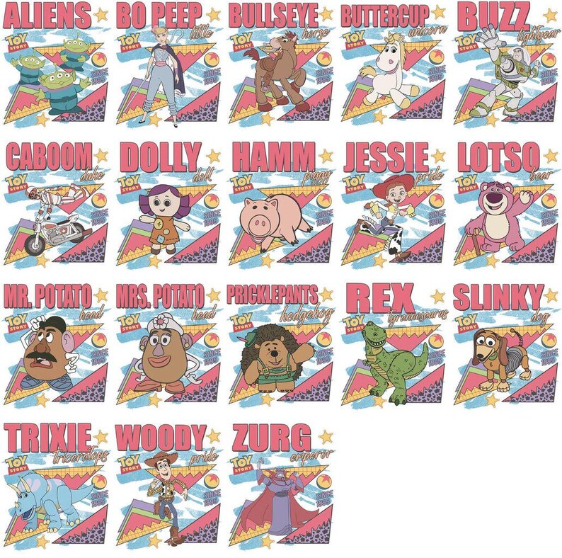 May include: A collection of colorful graphic designs featuring characters from the animated film "Toy Story." Each design includes a character's name in a pink font, set against a retro-style background with geometric shapes and stars. Characters include Aliens, Bo Peep, and Buzz.