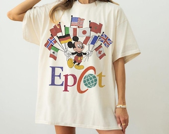 Comfort Colors® EPCOT Shirt, Micky Flaggen der Nation Vintage 90er Jahre Stil BTW Unisex T-Shirt, Disney EPCOT World Tour, Familienreise Shirt