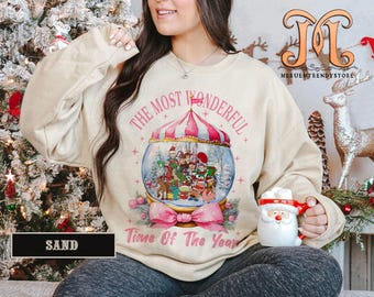 Retro Mickey & Co Pink Christmas On Main Street Sweatshirt, Disney Christmas Shirt, Mickey Minnie Xmas Shirt, Main Street Sleigh Rides, Xmas