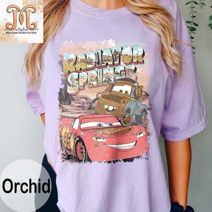 May include: A purple t-shirt with a graphic of Lightning McQueen and Mater from the movie Cars. The graphic includes the text "Radiator Springs".