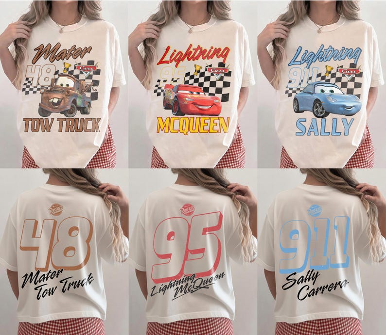 May include: Cream-colored t-shirts featuring Cars movie characters: Mater, Lightning McQueen, and Sally. Each shirt has a graphic on the front and back with character names and numbers. The front graphics include checkered flags.