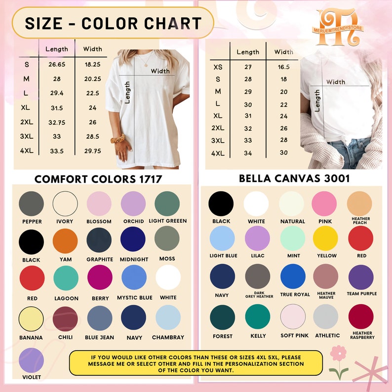 Op de afbeelding: Maat- en kleurentabel voor t-shirts, met afmetingen in cm. Bevat een reeks Comfort Colors 1717 en Bella Canvas 3001 kleuren. De tabel geeft ook maatdetails van XS tot 4XL.