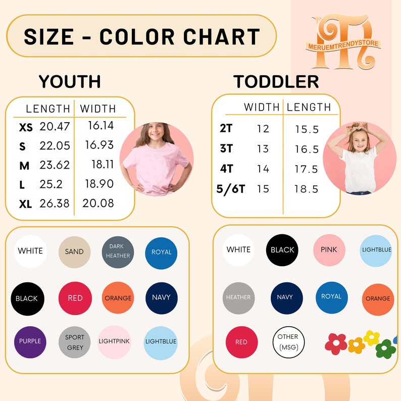 Puede incluir: Tabla de tallas y colores para camisetas de ni&ntilde;os y beb&eacute;s. La tabla muestra las medidas de longitud y ancho en pulgadas para las tallas de ni&ntilde;os XS, S, M, L y XL. Las tallas de beb&eacute;s son 2T, 3T, 4T y 5/6T. La tabla tambi&eacute;n muestra una variedad de colores disponibles para las camisetas, incluyendo blanco, arena, gris oscuro, azul real, negro, rojo, naranja, azul marino, morado, gris deportivo, rosa claro y azul claro.
