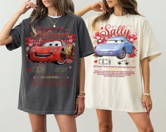 Vintage Cars Valentijn bijpassende shirts, Lightning McQueen & Sally Couple-T-shirt, Valentijnsdag stelshirt