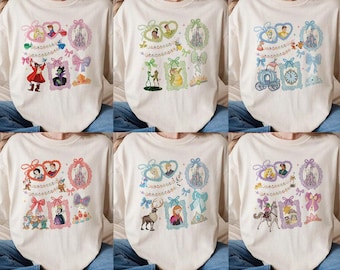 Camiseta con personajes de todas las princesas de Disney de Coquette Bows, camiseta Tiana, Ariel, Elsa, Rapunzel, Belle, Jasmine, camiseta del viaje familiar a WDW Magic Kingdom 2025