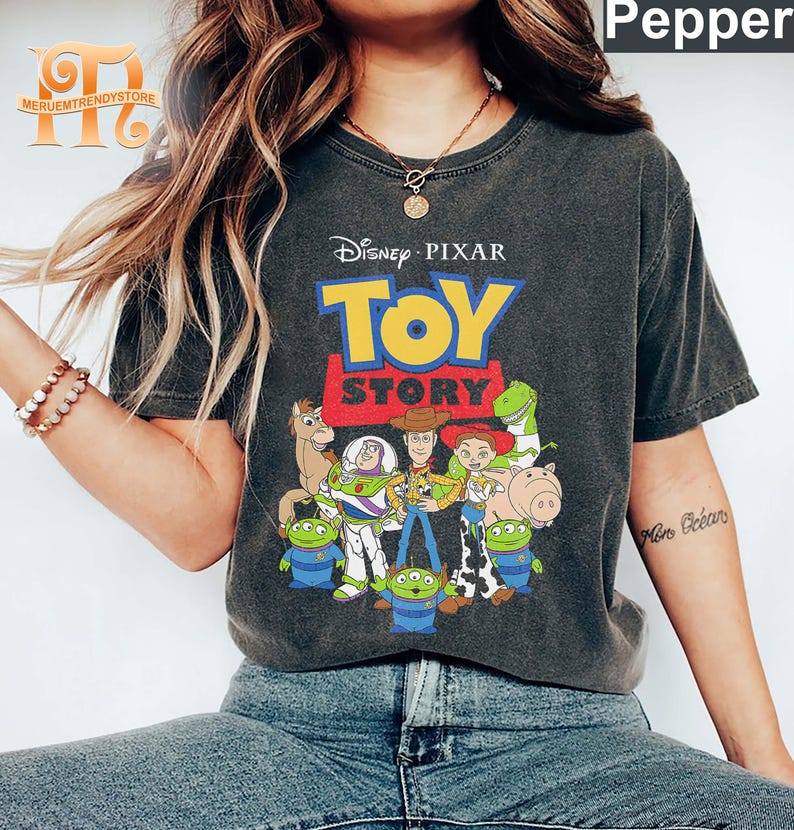 May include: Dark gray t-shirt featuring the Disney Pixar Toy Story logo and characters. The design includes Woody, Buzz Lightyear, and other characters from the animated film. The shirt has a vintage, worn look.