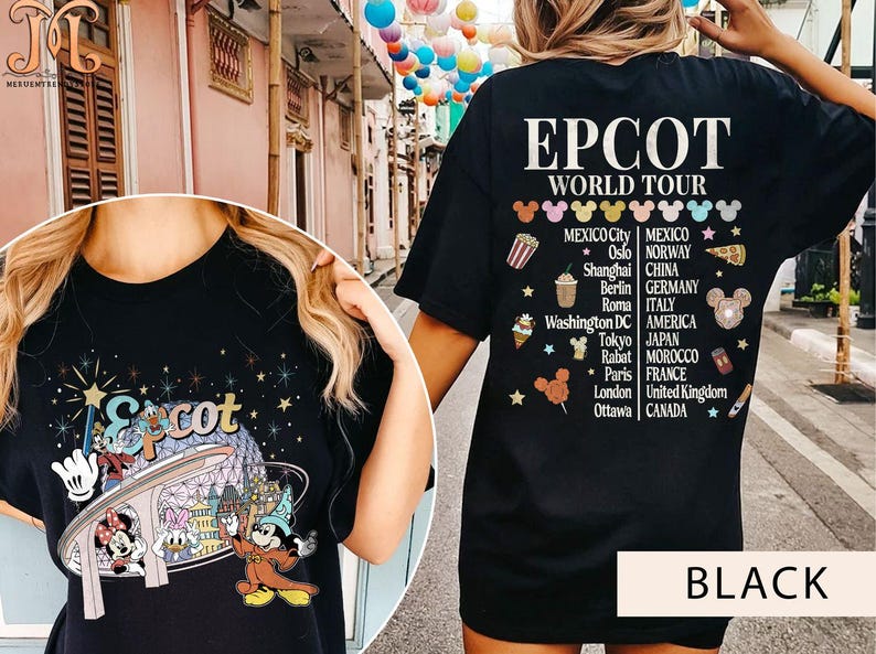 May include: Black t-shirt featuring a graphic of Mickey Mouse and friends at Epcot's World Showcase. The back of the shirt lists the countries represented at Epcot, including Mexico, Norway, China, Germany, Italy, America, Morocco, France, the United Kingdom, and Canada.