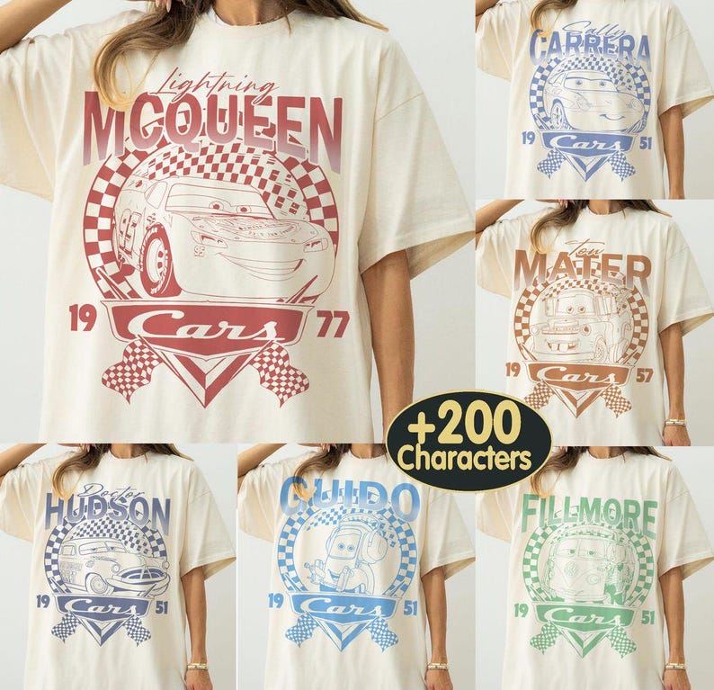 May include: Cream-colored t-shirts featuring various Cars movie characters. Designs include Lightning McQueen, Mater, Doc Hudson, Guido, Fillmore, and Sally Carrera. Each design incorporates the Cars logo and the number 51 or 77.