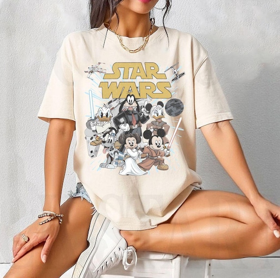 Retro Star Wars Disney Shirts, Retro Mickey and Friends Jedi Tee, Family Vacation Outfit, Sci-Fi Cartoon Graphic, Gift for Disney Fan Shirts