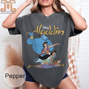 Disney Aladdin Cute Shirt, Jasmine & Aladdin Flying Carpet Floral Poster Comfort Colors Shirt, Aladdin Shirt, Family Vacation Gift Shirt