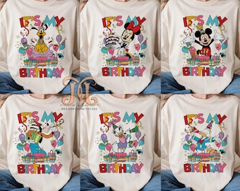 Camiseta personalizada con el globo de Disney Mickey y sus amigos, "Es mi regalo de cumpleaños", fiesta de cumpleaños de todos los personajes, equipo familiar a juego, Disney 2025