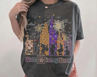 Camiseta boho de Halloween da Disney, camiseta assustadora do Mickey e seus amigos, camiseta retrô do Castelo da Disney, camiseta de viagem de outono da Disney, camiseta feminina de Halloween da Disney