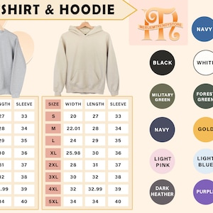 Op de afbeelding: Afbeelding met grijze en beige sweatshirts en hoodies. De afbeelding bevat een maattabel met afmetingen in inches en een kleurenpalet met opties zoals marineblauw, zwart en bordeauxrood. De tekst "SWEATSHIRT & HOODIE" staat bovenaan.