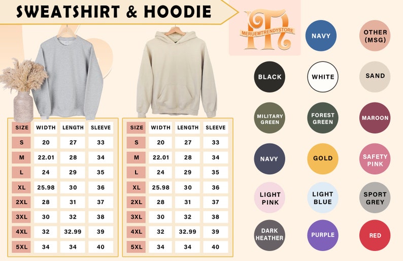 Op de afbeelding: Afbeelding met grijze en beige sweatshirts en hoodies. De afbeelding bevat een maattabel met afmetingen in inches en een kleurenpalet met opties zoals marineblauw, zwart en bordeauxrood. De tekst "SWEATSHIRT & HOODIE" staat bovenaan.