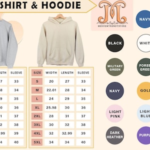 May include: Size chart for sweatshirts and hoodies with measurements in inches for width, length, and sleeve length. The chart includes sizes from S to 5XL.  The chart also shows a variety of color options for the sweatshirts and hoodies, including navy, black, white, sand, military green, forest green, maroon, gold, safety pink, light pink, light blue, sport grey, dark heather, purple, and red.