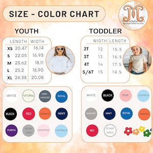 Op de afbeelding: Maat- en kleurentabel voor kleding voor jongeren en peuters. Bevat afmetingen in cm voor jeugdmaten XS tot XL en peutermaten 2T tot 5/6T. Kleuropties zijn onder meer wit, zwart, roze en meer.