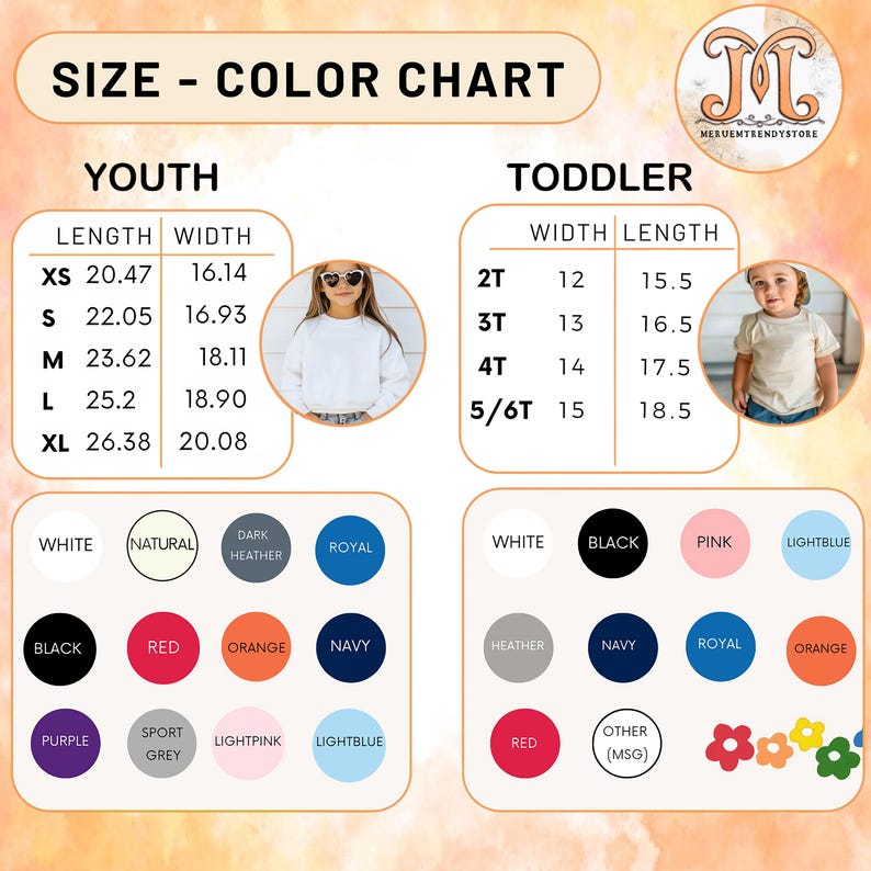 Op de afbeelding: Maat- en kleurentabel voor kleding voor jongeren en peuters. Bevat afmetingen in cm voor jeugdmaten XS tot XL en peutermaten 2T tot 5/6T. Kleuropties zijn onder meer wit, zwart, roze en meer.