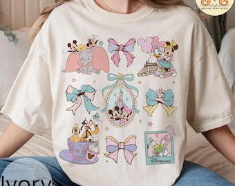 Mignon couple Mickey et Minnie coquette noeud chemises pastel, t-shirt Disney Mickey et ses amis ballon tasse de thé, chemises Mickey et Minnie Castle