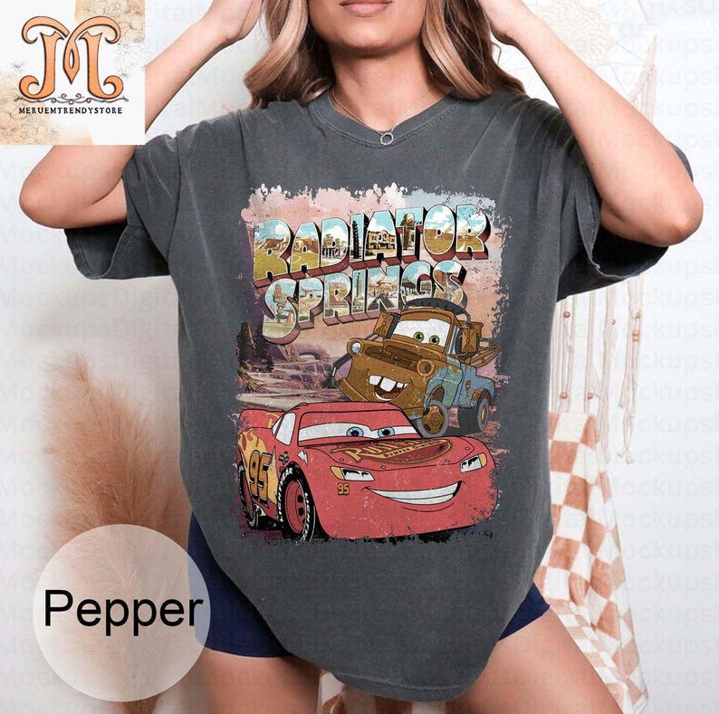 May include: A dark grey t-shirt with a graphic print of Lightning McQueen and Mater from the movie Cars. The graphic includes the text "Radiator Springs".