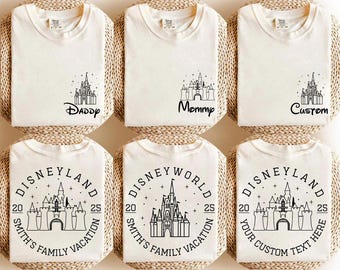 Chemises familiales personnalisées Disney 2025, t-shirt château personnalisé, chemise voyage Disneyland, chemises assorties vacances Disneyworld, t-shirt assorti Disney