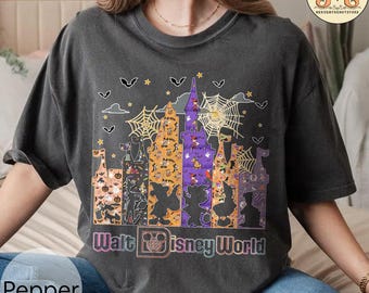 Camiseta boho de Halloween da Disney, camiseta assustadora do Mickey e seus amigos, camiseta retrô do Castelo da Disney, camiseta de viagem de outono da Disney, camiseta feminina de Halloween da Disney