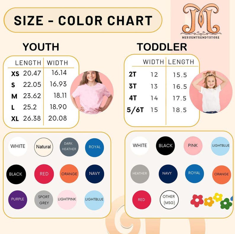May include: Size and color chart for youth and toddler t-shirts. The chart shows the length and width measurements in inches for youth sizes XS, S, M, L, and XL. The toddler sizes are 2T, 3T, 4T, and 5/6T. The chart also shows a variety of colors available for the t-shirts, including white, black, red, orange, navy, purple, light pink, and light blue.