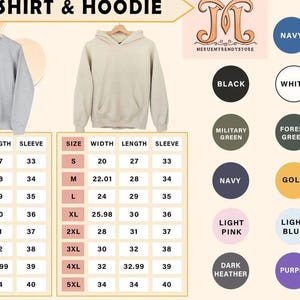 Peut inclure: Un sweat-shirt gris clair et un sweat &agrave; capuche beige sont pr&eacute;sent&eacute;s sur des cintres. L'image comprend un tableau des tailles avec des mesures en pouces pour la largeur, la longueur et la longueur des manches. Des options de couleurs sont affich&eacute;es.