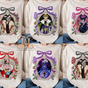Bundle Watercolor Villain Coquette Bow Shirt, Villain Princess Coquette Shirt, Cartoon Magical Mirror Bow Shirt, Disney Family Trip Shirt